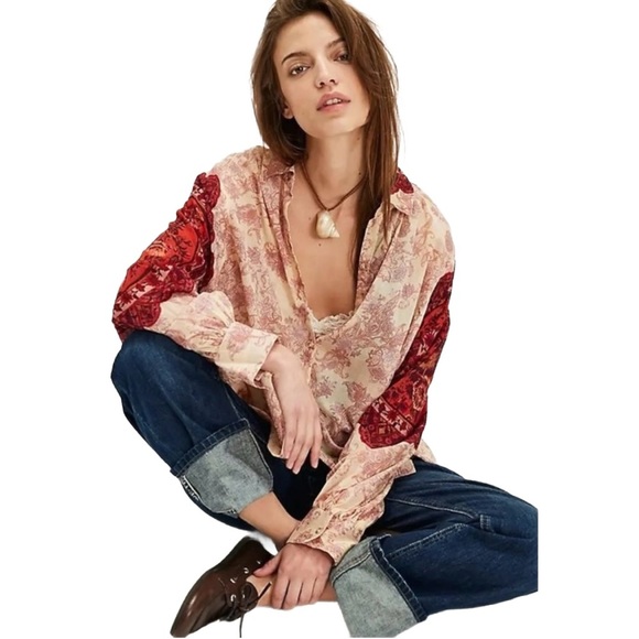 Free People “Rose Bud” Blouse – Mixed Print Boho Button down 100% Cotton 🌸 - Picture 3 of 9